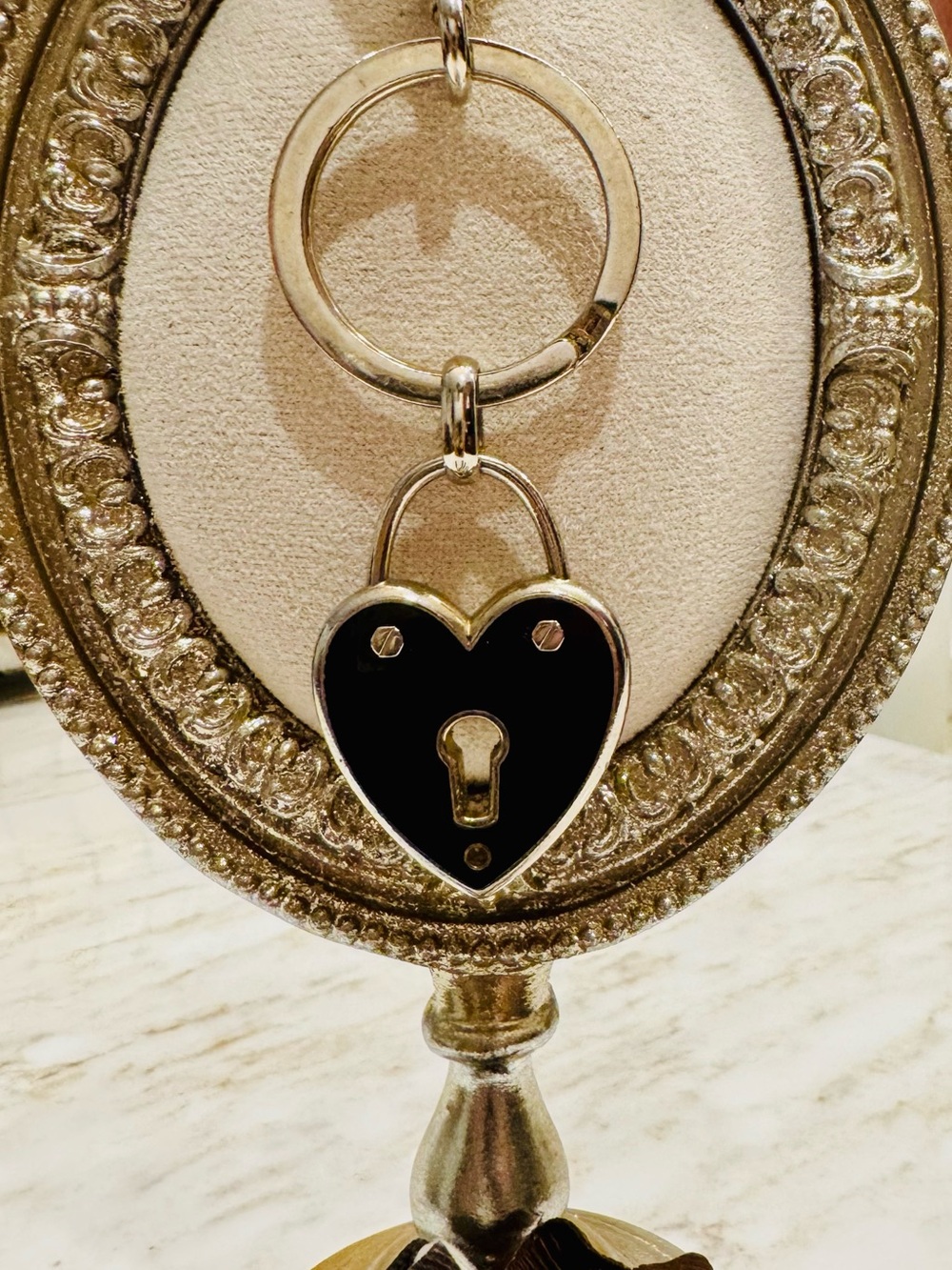 Henri Bendel Heart Padlock Key FOB in Black, Ivory, and Silver